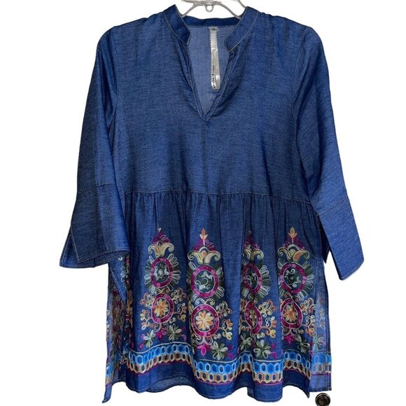 Anthropologie Uncle Frank Blue Denim Embroidered BOHO Split Neck Peasant Top SM - Picture 2 of 13